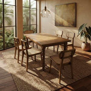 Ensemble de salle à manger en bois massif au style campagnard français, comprenant quatre chaises en rotin naturel au charme classique. - Product Image 5