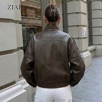 Veste en cuir marron courte pour femme, veste en cuir PU texturé, coupe ample