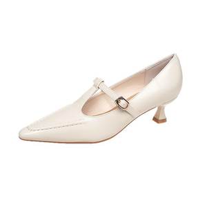 Escarpins Mary Jane pour femmes, couleur unie blanc cassé, à bout pointu, talon moyen 3-6 cm, à enfiler, pour usage quotidien - Product Image 5