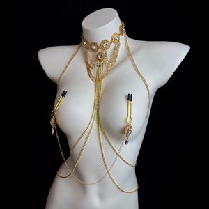 BANSEY Chaîne dorée avec pinces à tétons en cristal transparent, collier ras du cou, chaîne de corps multicouche drapée, harnais de poitrine sans piercing - Product Image 2