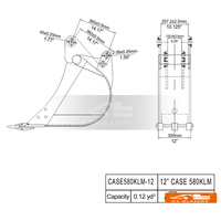 Godet de pelle rétrocaveuse de 12 pouces pour les modèles CASE 580K, 580L et 580M avec broches de 45 mm (A) et de 38 mm (B) incluses