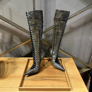 Bottes hautes pour femmes Bottes longues à talons hauts à lacets Bottes à talons aiguilles pour femmes Pointe pointue Sandales augmentant la hauteur - Product Image 6