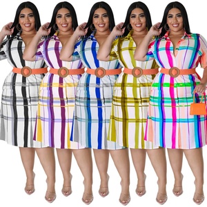 Robes d'automne grande taille de haute qualité 2025 pour femmes, robe chemise décontractée à manches courtes à carreaux imprimés, robe de bureau pour femme avec ceinture - Product Image 1