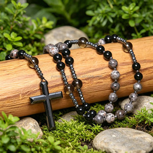 Collier Chapelet Chrétien en Obsidienne Naturelle et Yooperlite, Réactif aux UV, avec Pendentif Croix en Pierre d'Hématite, Bijoux pour Hommes - Product Image 4