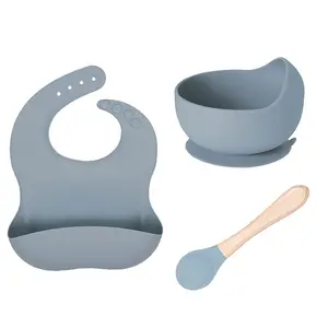Customized High Quality BPA Free Food Grade Silicone Baby Feeding Set Baby Silicone Suction Bowl Bib Spoon
