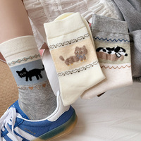 Chaussettes mi-mollet sans couture pour femme, style vintage, color-block, motif animaux mignons (chiots, chatons), absorbantes, pour le quotidien