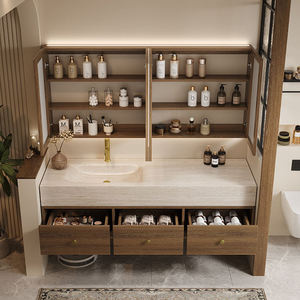 Meuble-lavabo mural de luxe Wabi Sabi avec dessus en travertin naturel, tiroirs en <span class=keywords><strong>bois</strong></span> massif et armoire miroir LED pour hôtel et villa - Product Image 4