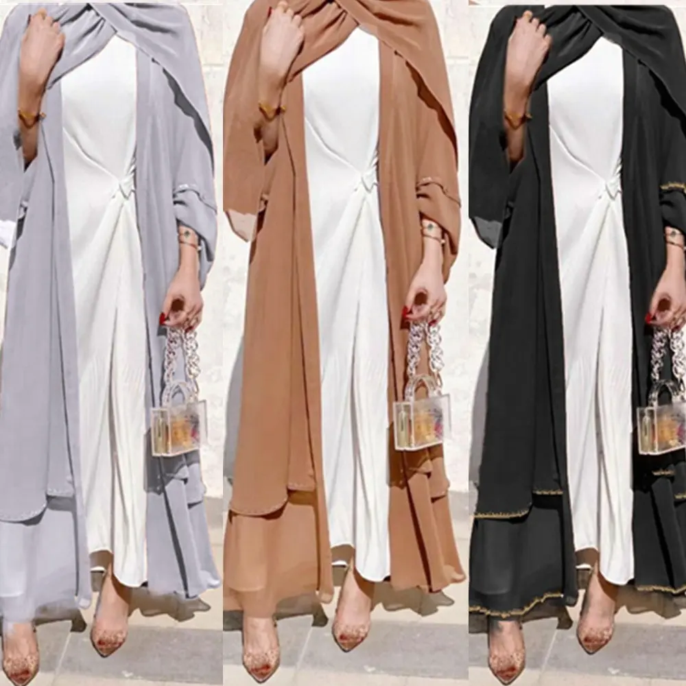 Eid Ramadan 2021 Mulheres Muçulmanas Abaya Frente Aberta Quimono Cardigans Espanador Turquia Dubai Sauditas Caftan Vestuário Islâmico Hijab Partido