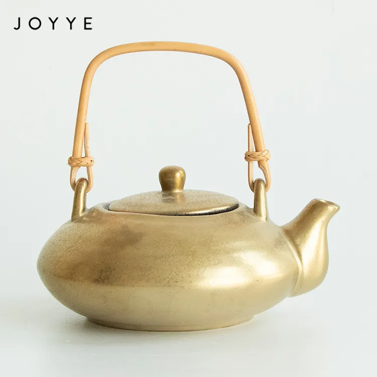 Joyye Teko Teh Keramik Emas Unik, Teko Keramik Dekorasi Buatan Tangan Kustom dengan Pegangan Rotan