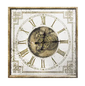 ساعة حائط عتيقة ذات إطار مربع عاكس وتصميم تراثي وتصميم فاخر