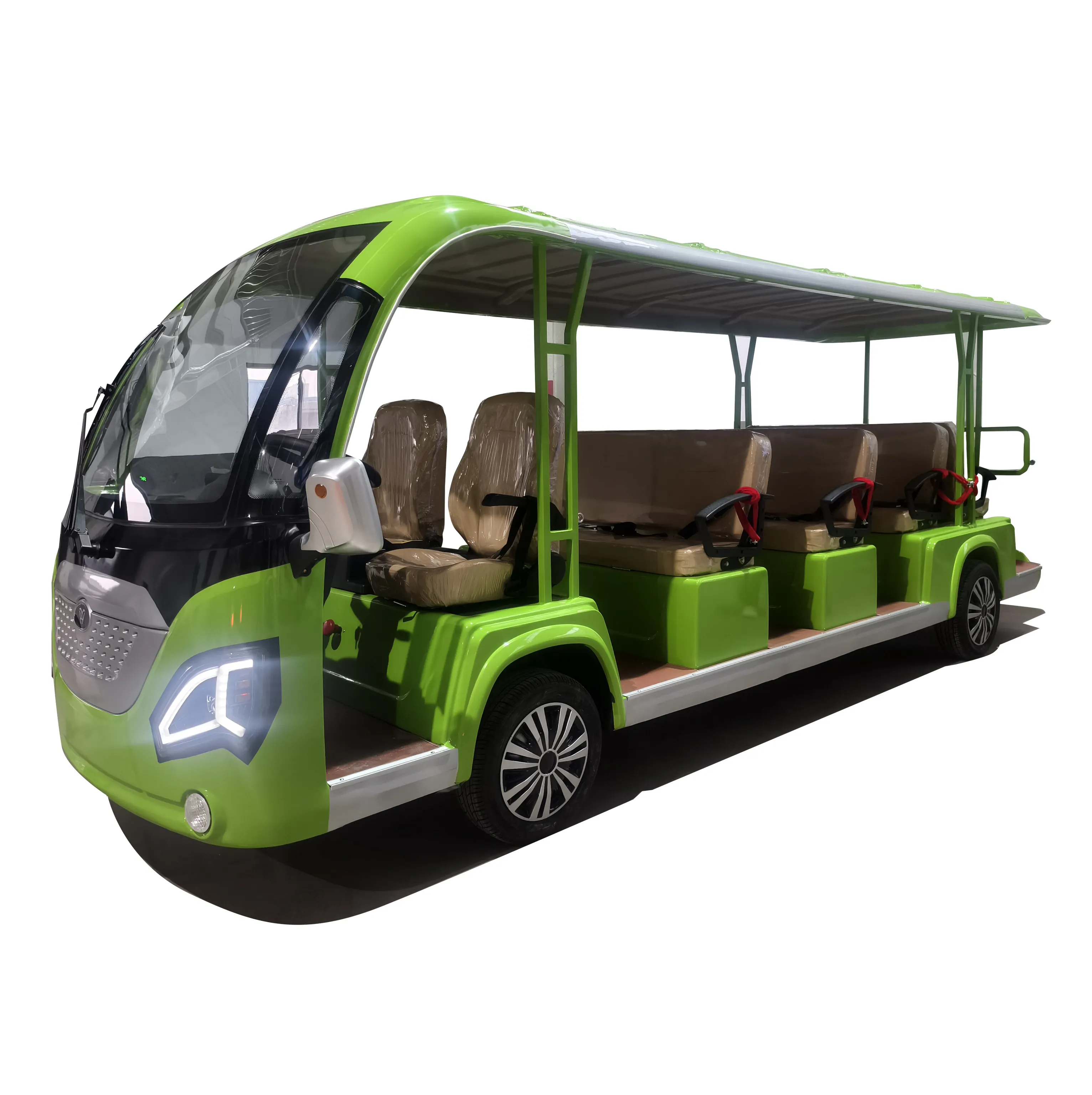 Coche turístico de once asientos de cuatro ruedas de acero de alta calidad de larga duración con mini autobús de toldo superior