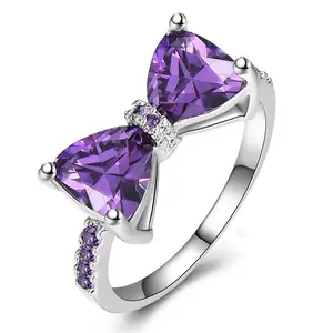Manufacturer direct sale New Design KYRA0754 CZ Ring Platinum Plated Purple Bowknot Shape 3A Zircon Ring for Girl women