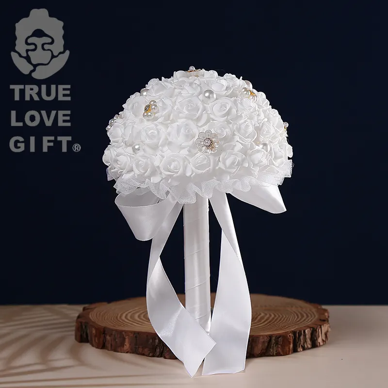 Best Seller White Bouquet Foam Rose Bridal Holding Flowers for Bride Bridesmaids with Diamond Soft Ribbons