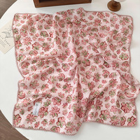 Foulard carré 70 % coton et lin à imprimé floral pour femme, style coréen, polyvalent, artistique, pastoral, protecteur du cou, décoratif, petit format