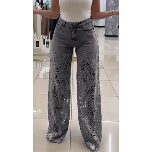Jean large décontracté pour femme, style léger en dentelle, non premium, avec empiècements et découpes, tendance - Product Image 2