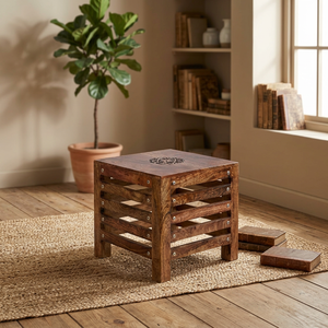 Wooden <b>Stool</b> with Hand Carved Top Solid <b>Wood</b> Accent Seat Durable Furniture for Home Living Room Bedroom Apartment - Product Image 2