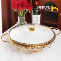 Plat de service rond en céramique avec couvercle en verre et support doré, chauffe-plat de buffet à bougie chauffe-plat, plat de service cannelé en porcelaine