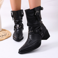 Bottes mi-mollet femme en PU souple, style moto, à talon bloc moyen, bout pointu, avec boucle métallique et rivets, à enfiler, style biker western