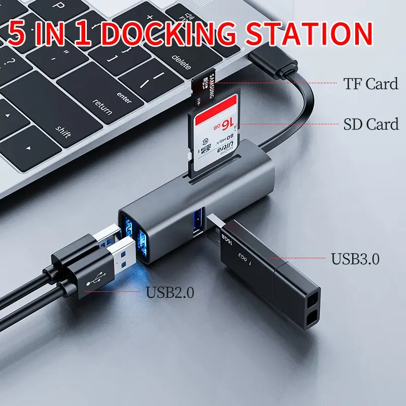 USB C 5 in 1 공장 핫 세일 알루미늄 미니 고속 데이터 전송 유형 c 3 포트 SD TF 허브 Mac PC 용