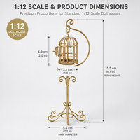 Vente en gros de cage à oiseaux miniature en métal 1:12 pour maison de poupée, cage à oiseaux suspendue en fil doré vintage avec support pour la décoration de jardin féerique