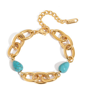 Pulsera de Cadena Ovalada de Acero Inoxidable Dorado con Cuentas de Turquesa, Joyería Unisex - Product Image 5