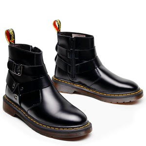 Black Ankle <b>Boots</b> Genuine Leather Round Toe Buckle Closure Flat Heel Anti-Slippery Rubber Outsole All Seasons Solid Color - Product Image 3