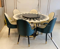Ensemble de salle à manger en marbre naturel moderne personnalisé en usine Ensembles de table à manger ronde noir et blanc bon marché avec 6 chaises en cuir