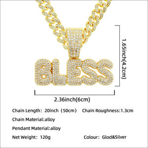 Collier BLESS Catena Cubana D'oro avec collier en alliage de zinc avec <span class=keywords><strong>strass</strong></span> Hip Hop et lettre BLESS - Product Image 4