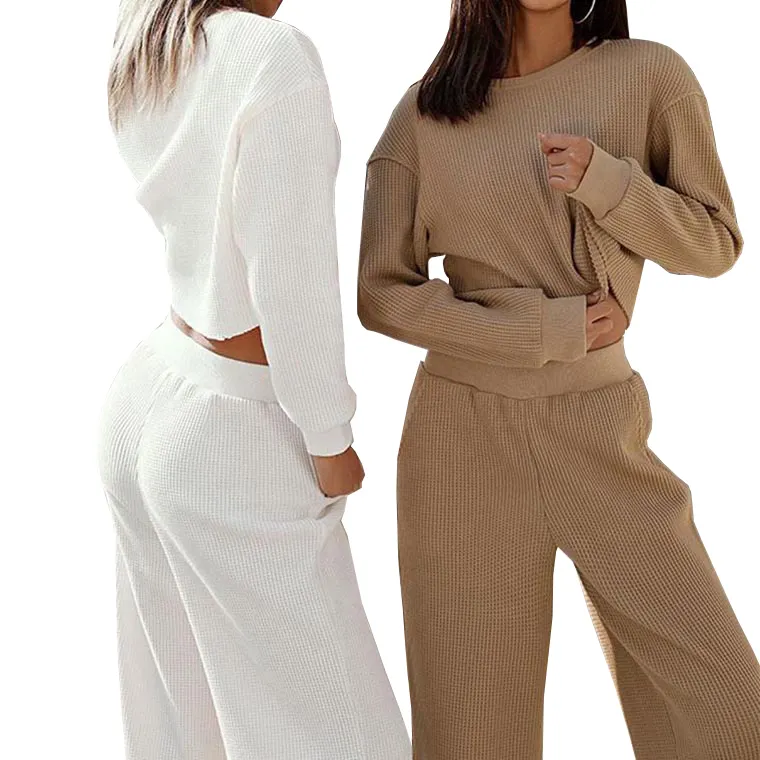 Mode féminine gaufre haut court deux pièces ensembles pull jambe large pantalon costumes dames lâche décontracté 2 deux pièces ensembles