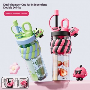 Nueva botella de agua de doble compartimento con diseño de dibujos animados, para niñas y estudiantes, portátil, a prueba de fugas, con dos bebidas en vasos plásticos separados. - Product Image 4