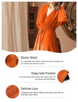 Robe bohème élégante à manches longues et à col en V avec taille smockée et dentelle, robe maxi décontractée orange brûlé pour femmes, 2026