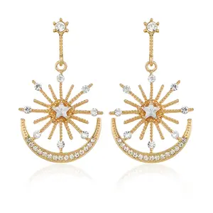 925 Silver Needle Elegant Star Earrings Sun and Moon Earrings Beautiful Women Drop Earrings