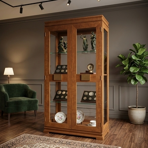 Vitrine traditionnelle en bois massif avec finition naturelle, deux portes vitrées, pour salon, meubles de maison - Product Image 4