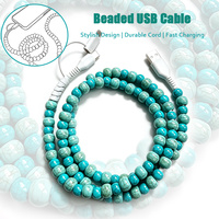 Câble de données USB 3 en 1 élégant avec perles rondes turquoise craquelées, cordon de charge décoratif fait à la main pour téléphone portable