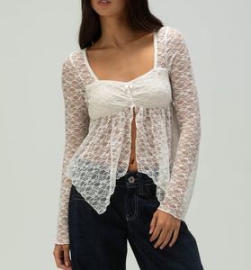 Oem phụ nữ trắng sexy Corset Top dài tay áo sơ mi lưới ren Áo sơ mi Tops Crop Top đối với phụ nữ - Product Image 2