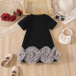 Nuevo Vestido de Princesa de Verano para Niñas, Elegante, de Color Sólido, Manga Corta, con Flores Tridimensionales, Tallas Pequeñas y Medianas - Product Image 5