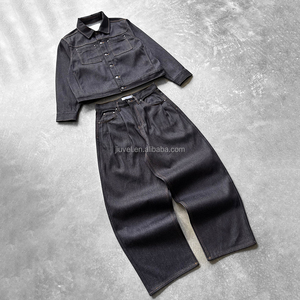 Ensemble de veste <span class=keywords><strong>en</strong></span> jean à jambes larges et boutons pour <span class=keywords><strong>homme</strong></span>, sur mesure OEM, fabricant de jeans 14OZ, survêtement vintage court pour <span class=keywords><strong>homme</strong></span> - Product Image 1