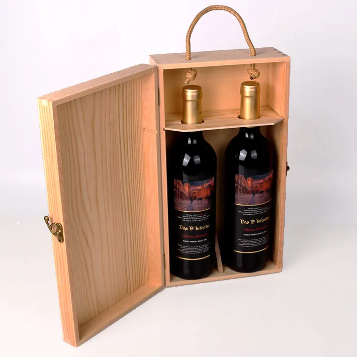 Emballage de vin rouge en bois et bambou personnalisé, boîte-cadeau, double support, boîte à vin portable avec poignée en corde