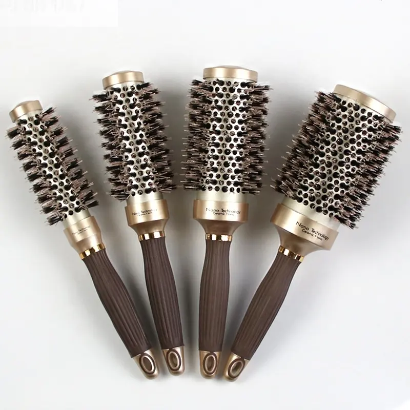 Custom Logo Gold Ceramic Round Brush High Quality Nylon Boar Bristle Styling Hair Brush