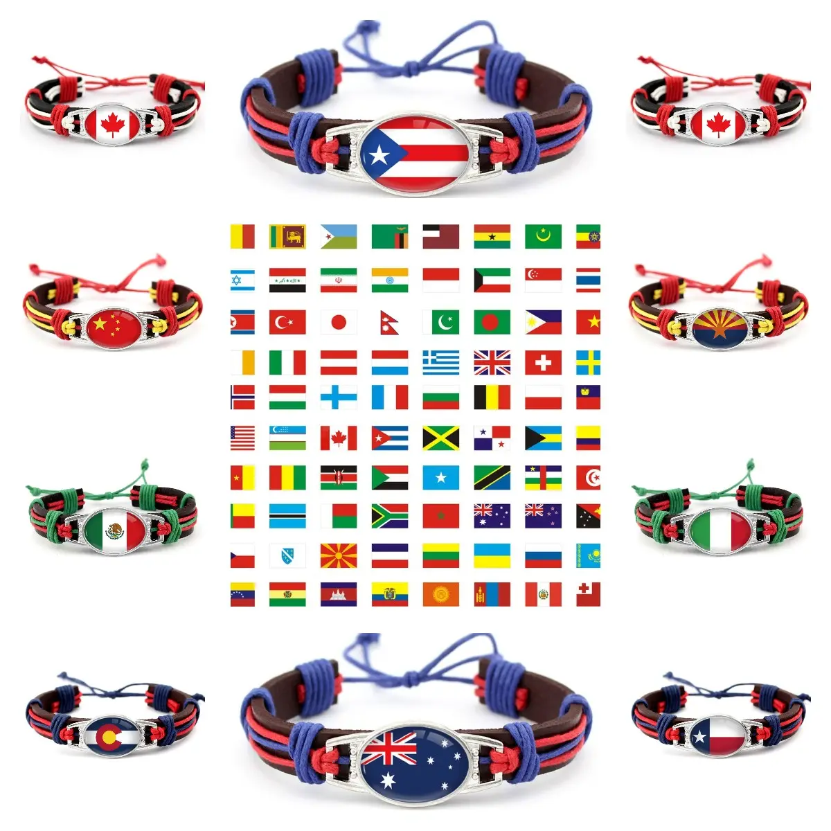 Pulseira de couro legítimo ajustável, bandeira nacional de 287 países, presentes promocionais, vidro cabochão, talismã