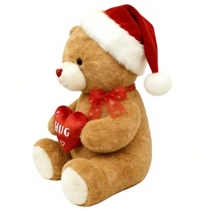 Customized Christmas teddy bear plush with Santa <b>hat</b>,Hug heart brown bear stuffed <b>animal</b>, Holiday gift teddy bear with red heart - Product Image 3