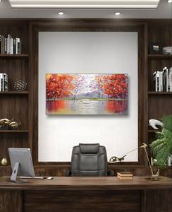 Pintura al Óleo Vibrante de <span class=keywords><strong>Paisaje</strong></span> <span class=keywords><strong>Otoñal</strong></span> con Lago y Bosque Rojo, Arte Mural Moderno Abstracto en Lienzo - Product Image 3