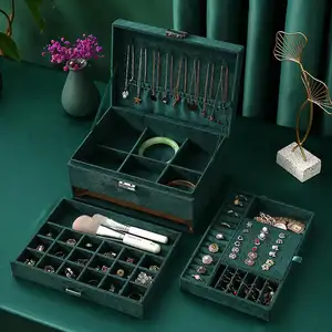 Caja organizadora de joyas de franela de 3 capas verde nuevo 2024, caja de almacenamiento de joyas de terciopelo de gran capacidad con cerradura
