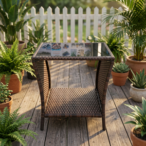 Table basse moderne et tendance de haute qualité, résistante aux intempéries, KD avec plateau en verre trempé pour jardin, terrasse extérieure, cour - Product Image 2