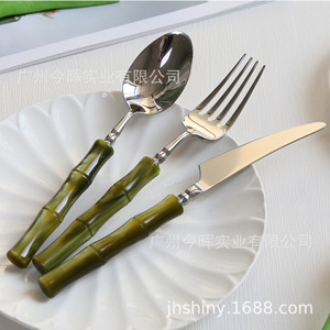 Shiny-Jh Stainless Steel Cutlery Set <b>Acrylic</b> Bamboo Handle 304 Steel <b>Mirror</b> Polished For Hotel Home Use - Product Image 2