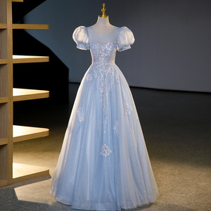 Ice Blue Ball Gown Scoop Neck Empire Waist Long Dress For Coming Of Age Ceremony Stage Performance Vocal Exam Host Attire - Product Image 2