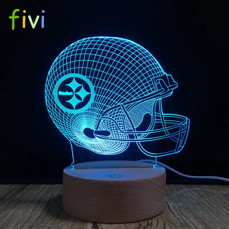 Luminária led noturna com 7 mudanças de cores, luminária de led com logo em equipe, para capacete de futebol, sensor de toque, usb, lâmpada de mesa e madeira