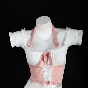 Lemon Story Maid Costume Set Women's Sexy Cute Cosplay Outfit <b>White</b> Pink <b>Lace</b> Top With Corset Detail - Product Image 1