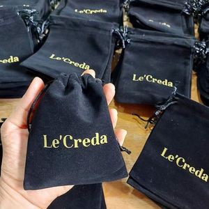 Custom Promotional Small Velvet Packaging Jewelry Pouch Luxury Black Velvet Dust Bag With Gold Foil Logo - Product Image 1