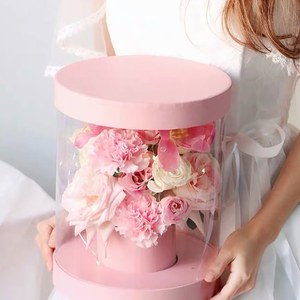 Round transparent clear PVC flower hug bucket luxury gift box with ribbon flower shop wedding surprise gift box